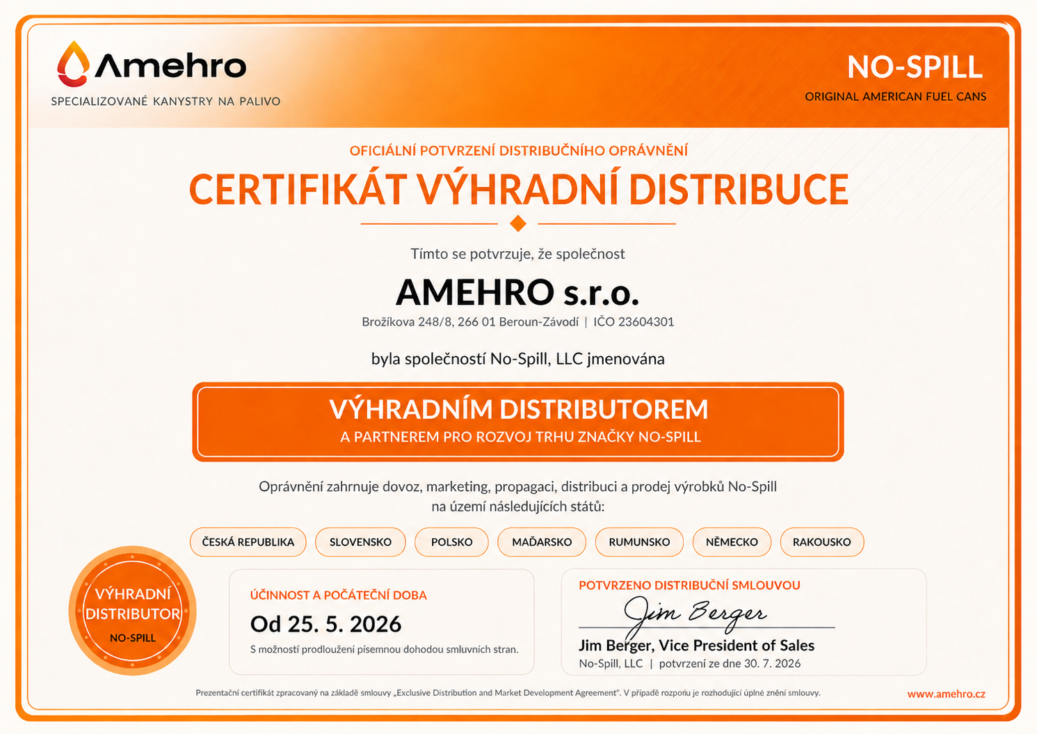 Certifikát výhradního distributora No-Spill pro společnost Amehro