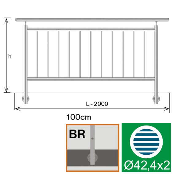 Zábradlie vertikal BR AISI304, D42,4/d12mm/h1000/L
