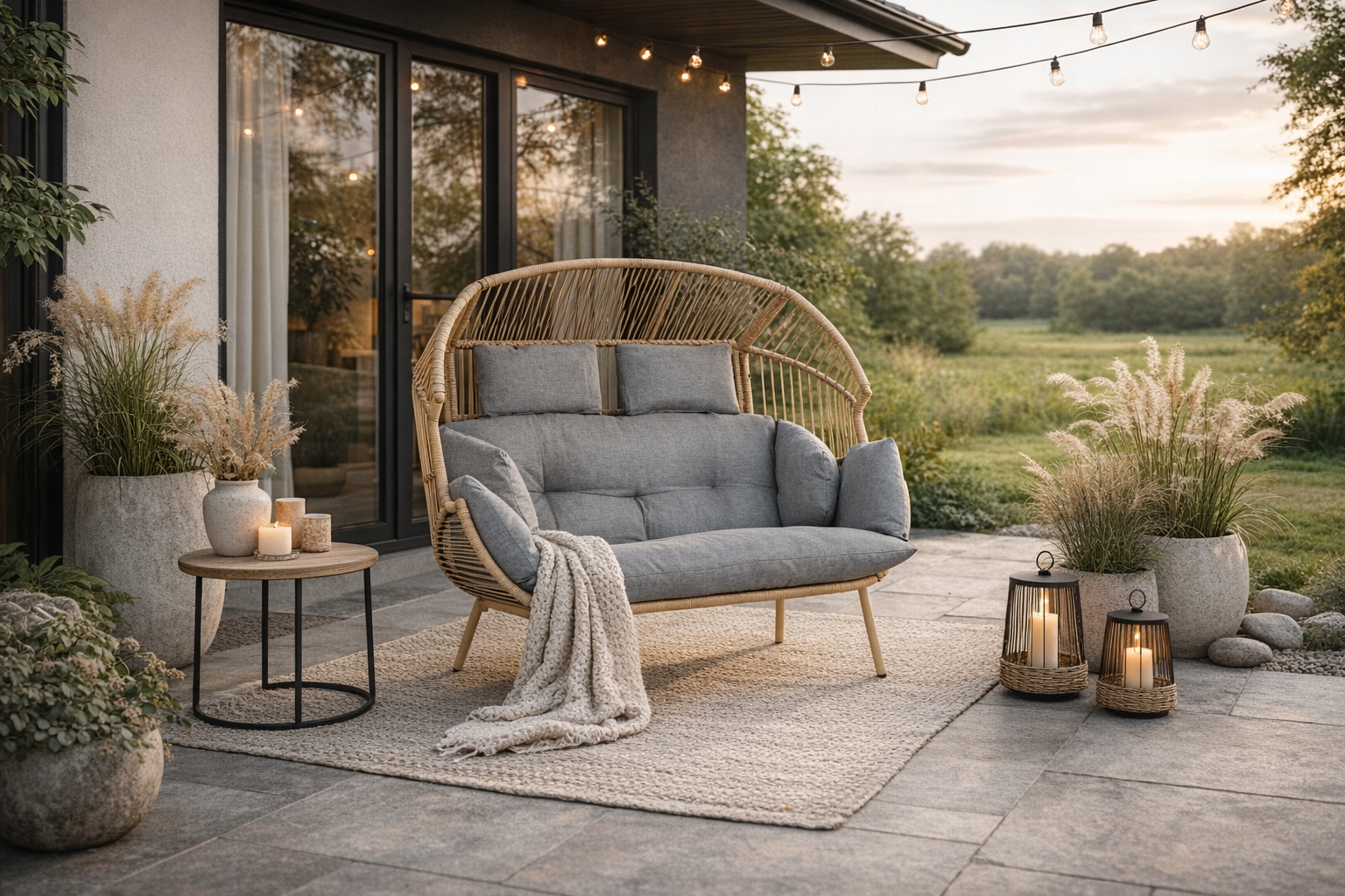 Fotel-Ogrodowy-Dwuosobowy-Kokon-Boho-Na-Taras-Rattanowy-Szary-KORYNT-Stan-opakowania-oryginalne