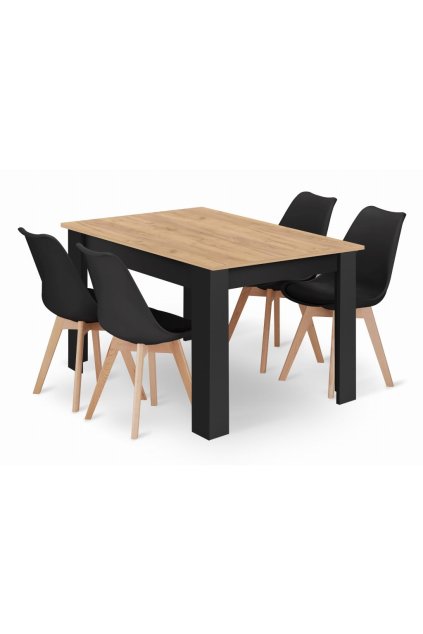 Jedálenská zostava stôl Artisan 120 X 80 čierne nohy + 4 stoličky MARK čierne/ prírodné nohy