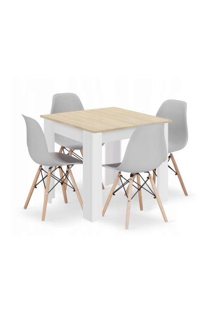Jedálenská zostava stôl Dub sonoma/ biele nohy 80 X 80 + 4 stoličky OSAKA sivé / prírodné nohy