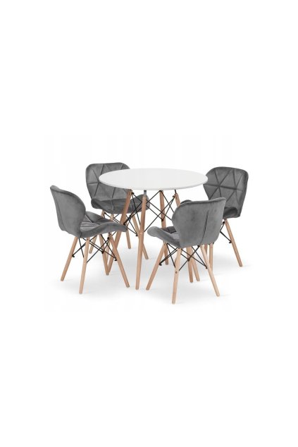 Jedálenská zostava TODI 80cm okrúhly stolový set biely + 4 stoličky LAGO sivé