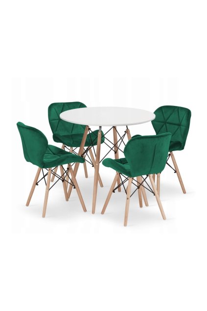 Jedálenská zostava TODI 80cm okrúhly stolový set biely + 4 stoličky LAGO zelené
