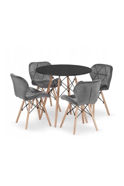 Jedálenská zostava TODI 80cm okrúhly stolový set čierny + 4 stoličky LAGO sivé