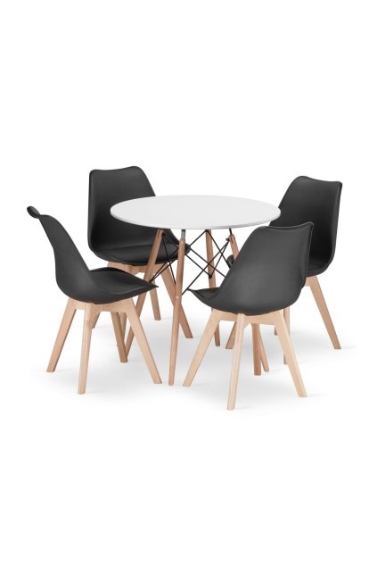 Jedálenská zostava TODI 80cm okrúhly stolový set biely+ 4 stoličky MARK čierne