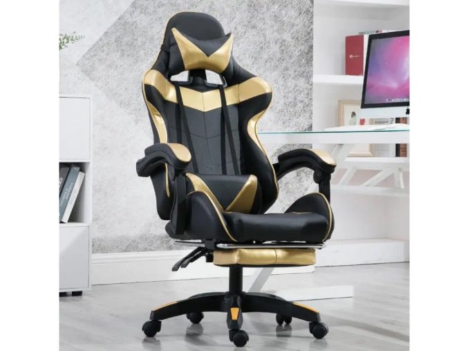 Kancelárska herná stolička s nastaviteľnou opierkou nôh - čierno - zlatá