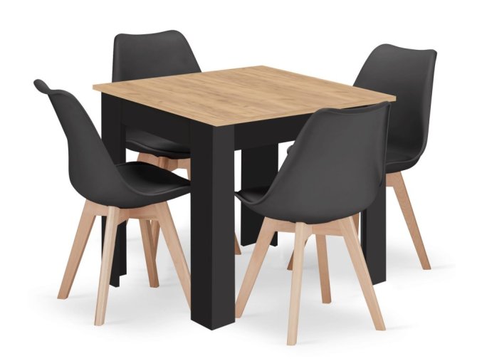 Jedálenská zostava stôl Artisan 80 X 80 čierne nohy + 4 stoličky MARK čierne/ prírodné nohy