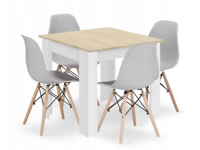 Jedálenská zostava stôl Dub sonoma/ biele nohy 80 X 80 + 4 stoličky OSAKA sivé / prírodné nohy