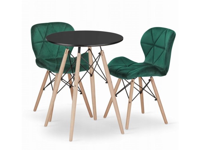 Jedálenská zostava TODI 60cm okrúhly stolový set čierny + 2 stoličky LAGO zelené