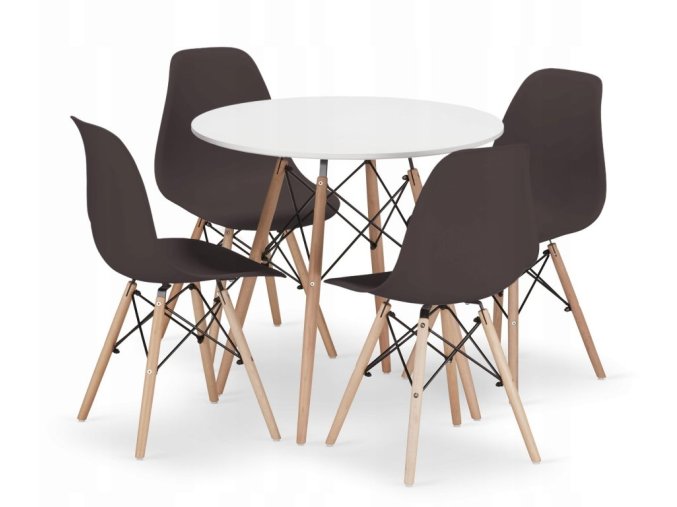 Jedálenská zostava TODI 80cm okrúhly stolový set biely + 4 stoličky OSAKA hnedé