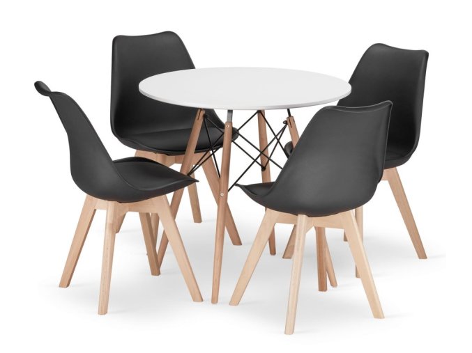 Jedálenská zostava TODI 80cm okrúhly stolový set biely+ 4 stoličky MARK čierne
