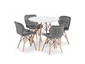 Jedálenská zostava TODI 80cm okrúhly stolový set biely + 4 stoličky LAGO sivé