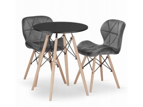 Jedálenská zostava TODI 60cm okrúhly stolový set čierny + 2 stoličky LAGO sivé