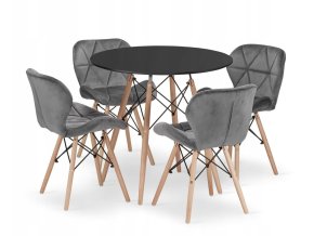 Jedálenská zostava TODI 80cm okrúhly stolový set čierny + 4 stoličky LAGO sivé