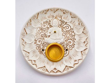 Mani Bhadra Stojánek na vonné tyčinky a kužely Buddha (bílý), 10 cm