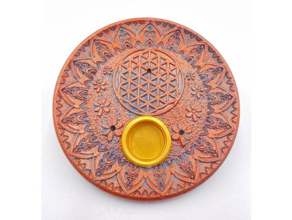 Mani Bhadra Stojánek na vonné tyčinky a kužely Flower of Life (bronze), 10 cm