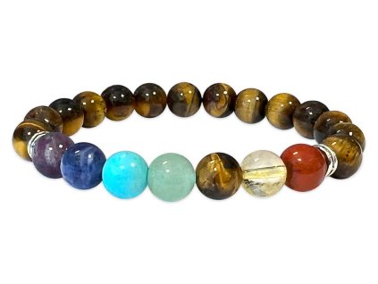 Mani Bhadra Náramek s drahými čakrovými kameny 7 Chakra a kameny Tygří oko