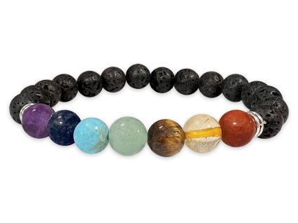 Mani Bhadra Náramek s drahými čakrovými kameny 7 Chakra a kameny Lávový kámen (korálky Ø cca 8 mm)