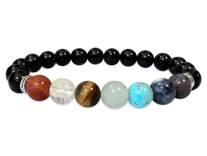 Mani Bhadra Náramek s drahými čakrovými kameny 7 Chakra a kameny Onyx (korálky Ø cca 8 mm)