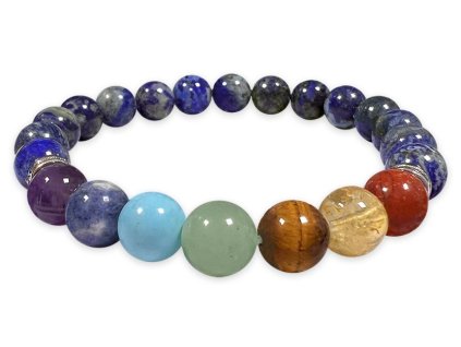 Mani Bhadra Náramek s drahými čakrovými kameny 7 Chakra a kameny Lapis lazuli (korálky Ø cca 8 mm)