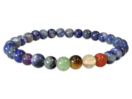 Mani Bhadra Náramek s drahými čakrovými kameny 7 Chakra a kameny Lapis lazuli (korálky Ø cca 6 mm)