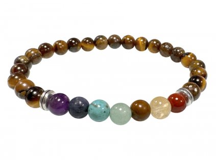 Mani Bhadra Náramek s drahými čakrovými kameny 7 Chakra a kameny Tygří oko (korálky Ø cca 6 mm)