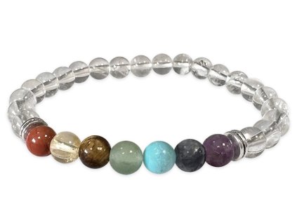 Mani Bhadra Náramek s drahými čakrovými kameny 7 Chakra a kameny Křišťál (korálky Ø cca 6 mm)