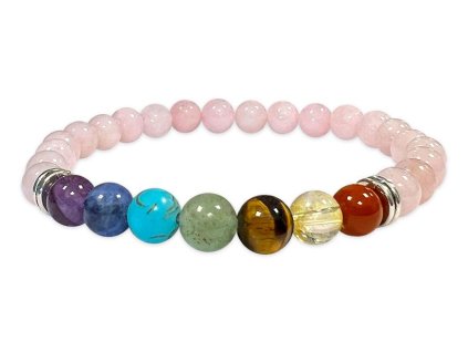 Mani Bhadra Náramek s drahými čakrovými kameny 7 Chakra a kameny Růženín (korálky Ø cca 6 mm)