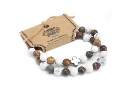 Ancient Wisdom Náramek přátelství s drahými kameny Jaspis Picasso & Bílý Howlit Mír (set 2 ks)