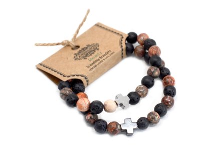 Ancient Wisdom Náramek přátelství s drahými kameny Jaspis leopardí kůže & Lávový kámen Věčnost (set 2 ks)