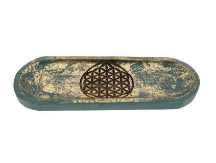 Berk Stojánek na vonné tyčinky Flower of Life (Květ života) Tyrkysové a zlatavé zdobení Dřevo mango, 27 x 10 cm 1