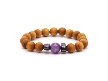 Ancient Wisdom Čakrový náramek z cedrového dřeva 6. Čakra Third Eye (třetí oko) a Ametyst (korálky)