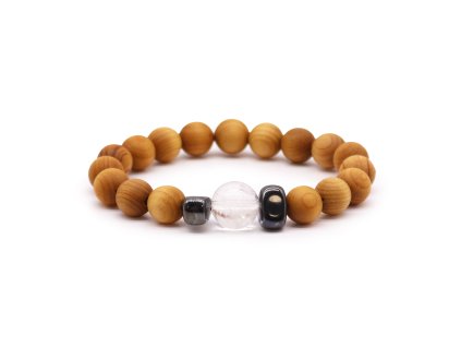 Ancient Wisdom Čakrový náramek z cedrového dřeva 7. Čakra Crown (korunní) a Čirý křemen (korálky)