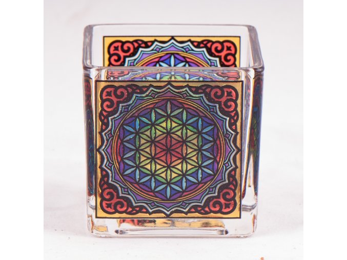 Mani Bhadra Květ života Skleněný svícen pro čajové a votivní svíčky, 6 x 6 cm