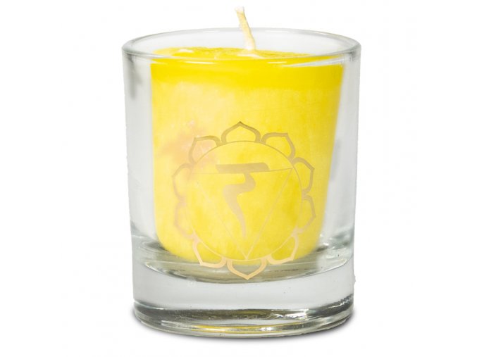 Mani Bhadra 3. chakra Manipura Vonná votivní čakrová svíčka ve svícnu žlutá, 1 ks