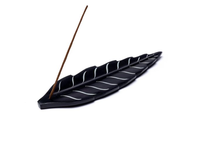 Mani Bhadra Stojánek na vonné tyčinky Široký list černý mastek, 25 x 8 cm