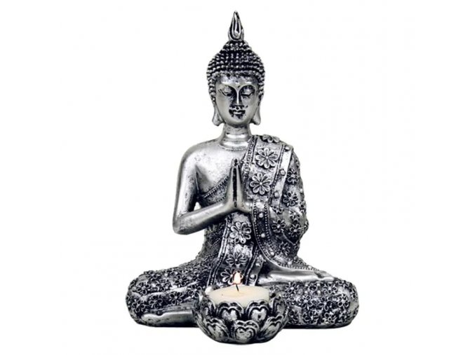 Mani Bhadra Svícen na čajové svíčky Thai Buddha Stříbrně kolorován, 20,5 cm