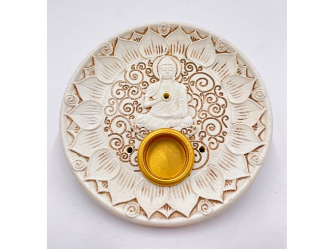 Mani Bhadra Stojánek na vonné tyčinky a kužely Buddha (bílý), 10 cm