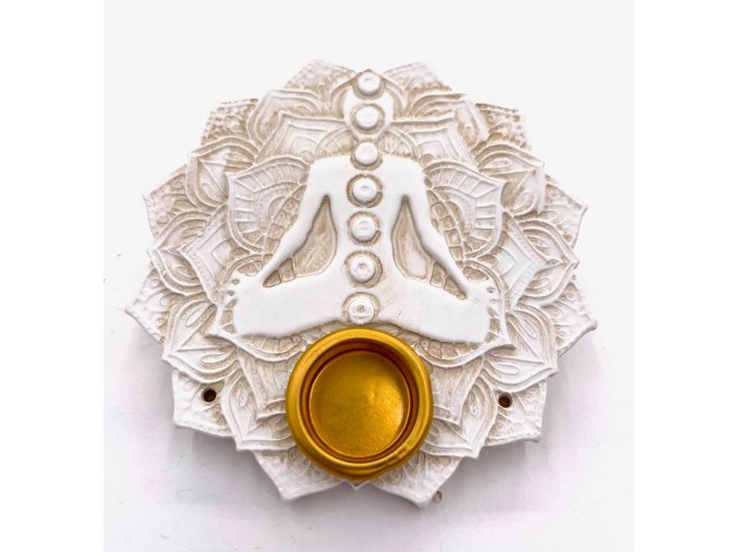Mani Bhadra Stojánek na vonné tyčinky a kužely 7 Chakra Lotus (bílý), Ø 9 cm
