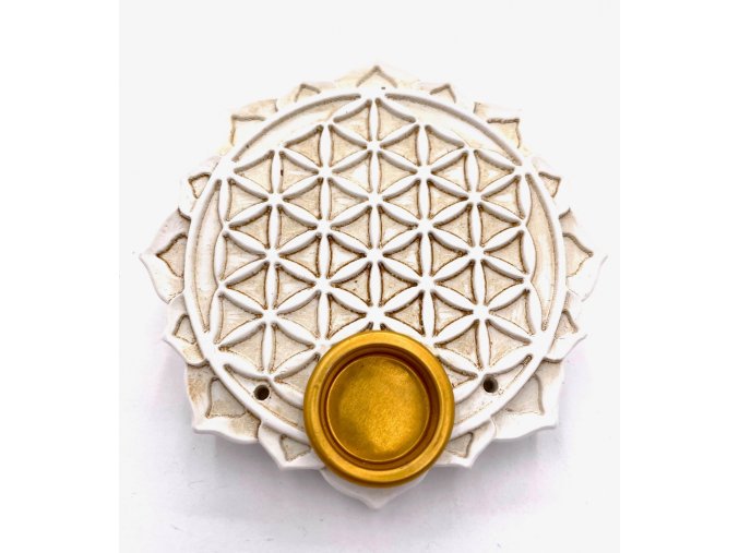 Mani Bhadra Stojánek na vonné tyčinky a kužely Flower of Life (bílý), Ø 9 cm