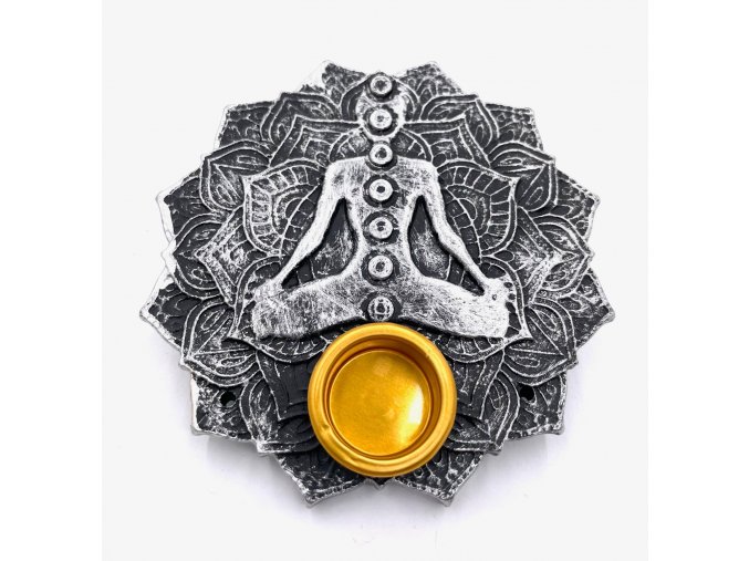 Mani Bhadra Stojánek na vonné tyčinky a kužely 7 Chakra Lotus (stříbrný), Ø 9 cm