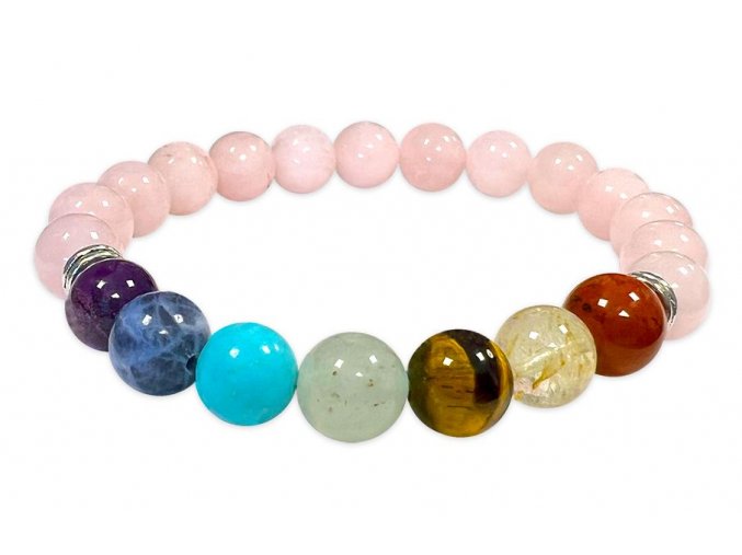 Mani Bhadra Náramek s drahými čakrovými kameny 7 Chakra a kameny Růženín (korálky Ø cca 8 mm)