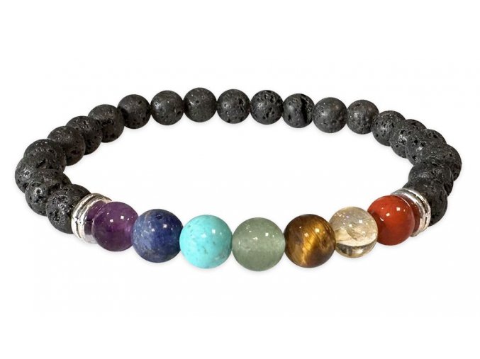 Mani Bhadra Náramek s drahými čakrovými kameny 7 Chakra a kameny Lávový kámen (korálky Ø cca 6 mm)