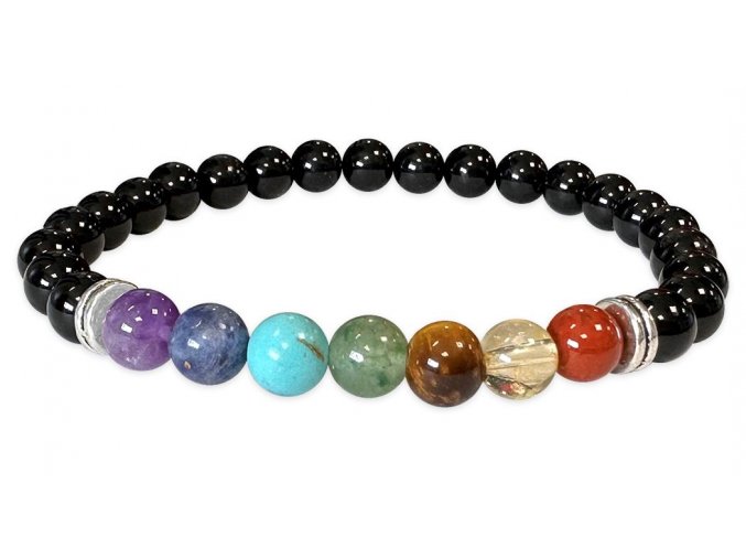 Mani Bhadra Náramek s drahými čakrovými kameny 7 Chakra a kameny Onyx (korálky Ø cca 6 mm), kvalita A