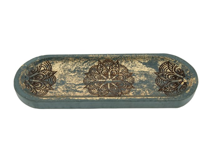 Berk Stojánek na vonné tyčinky Mandala Tyrkysové a zlatavé zdobení Dřevo mango, 27 x 10 cm