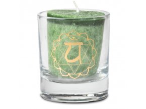 Mani Bhadra 4. chakra Anahata Vonná votivní čakrová svíčka ve svícnu zelená, 1 ks