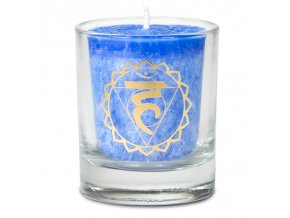 Mani Bhadra 5. chakra Vishudda Vonná votivní čakrová svíčka ve svícnu modrá, 1 ks