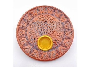 Mani Bhadra Stojánek na vonné tyčinky a kužely Flower of Life (bronze), 10 cm