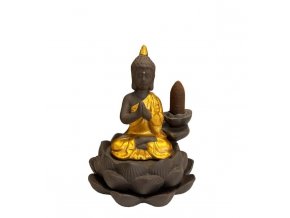 Mani Bhadra Stojan na vonné kužely Tekoucí dým Buddha Gold a lotosový květ, 11,5 x 9 cm