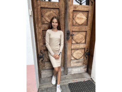 Dívčí šaty žebro ELL beige dlouhý rukáv
